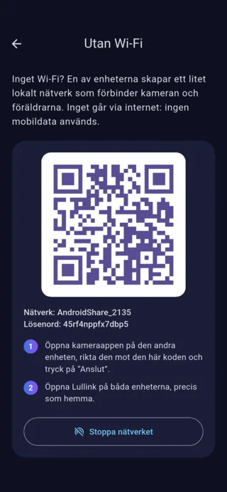 Skärmen ”Utan Wi-Fi” på Android: QR-koden för att ansluta till nätverket som telefonen har skapat