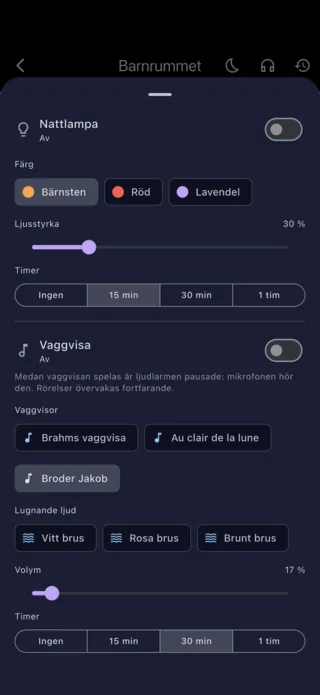 Inställningar för nattlampa och vaggvisa, från föräldratelefonen