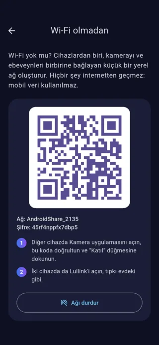 Android'de “Wi-Fi olmadan” ekranı: telefonun oluşturduğu ağa katılmak için QR kodu