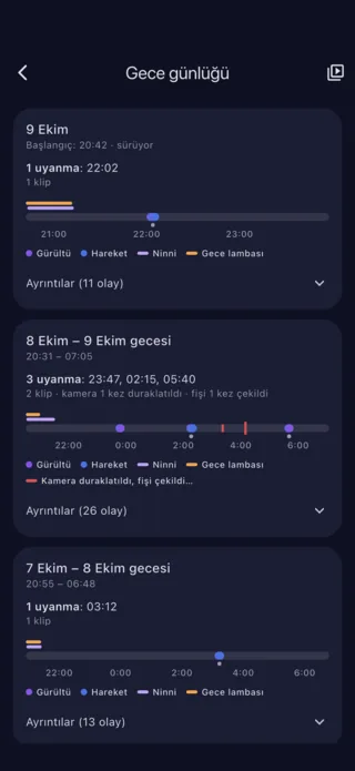 Gece günlüğü: uyanmalar, gürültüler ve hareketler, gece gece