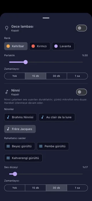 Ebeveyn telefonundan gece lambası ve ninni ayarları
