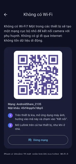 Màn hình “Không có Wi-Fi” của Lullink trên Android: mã QR, tên mạng và mật khẩu
