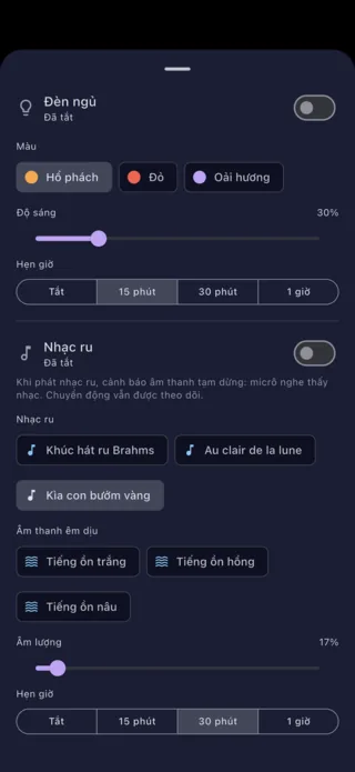 Cài đặt đèn ngủ và nhạc ru, từ điện thoại phụ huynh