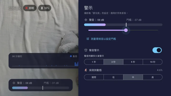 Lullink 的警示設定:音量計、門檻、聲音持續時間和動態偵測