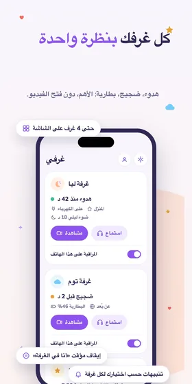 كل غرفك بنظرة واحدة. هدوء، ضجيج، بطارية: الأهم، دون فتح الفيديو.