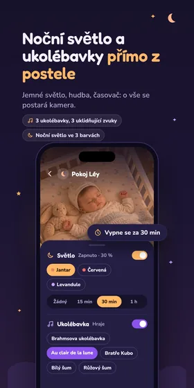 Noční světlo a ukolébavky přímo z postele. Jemné světlo, hudba, časovač: o vše se postará kamera.