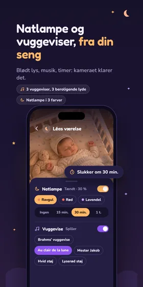Natlampe og vuggeviser, fra din seng. Blødt lys, musik, timer: kameraet klarer det.