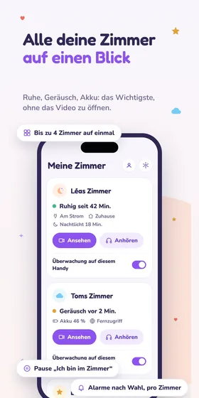 Alle deine Zimmer auf einen Blick. Ruhe, Geräusch, Akku: das Wichtigste, ohne das Video zu öffnen.