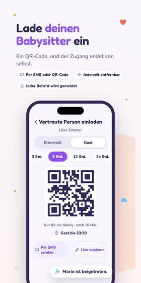 Lade deinen Babysitter ein. Ein QR-Code, und der Zugang endet von selbst.