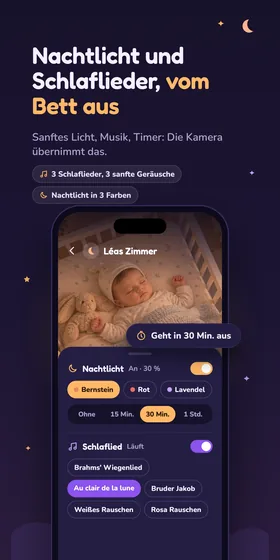 Nachtlicht und Schlaflieder, vom Bett aus. Sanftes Licht, Musik, Timer: Die Kamera übernimmt das.