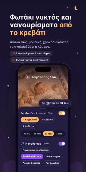 Φωτάκι νυκτός και νανουρίσματα από το κρεβάτι. Απαλό φως, μουσική, χρονοδιακόπτης: τα αναλαμβάνει η κάμερα.