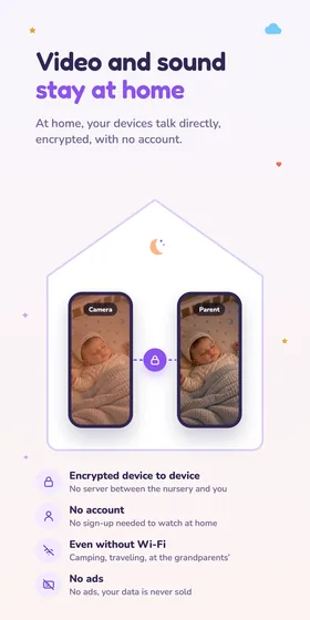 Video and sound stay at home. At home, your devices talk directly, encrypted, with no account.