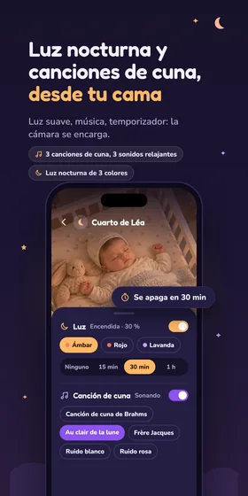 Luz nocturna y canciones de cuna, desde tu cama. Luz suave, música, temporizador: la cámara se encarga.