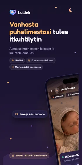 Vanhasta puhelimestasi tulee itkuhälytin. Aseta se huoneeseen ja katso ja kuuntele omallasi.