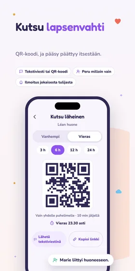 Kutsu lapsenvahti. QR-koodi, ja pääsy päättyy itsestään.