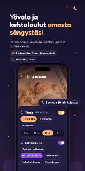 Yövalo ja kehtolaulut omasta sängystäsi. Pehmeä valo, musiikki, ajastin: kamera hoitaa kaiken.