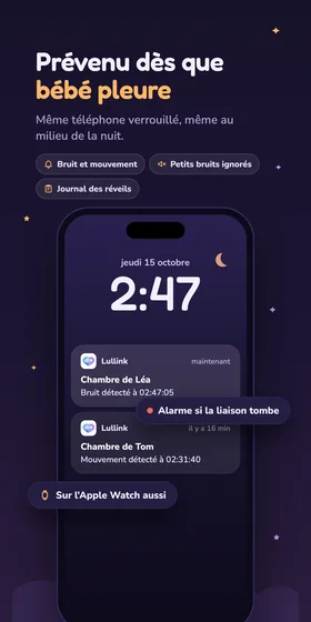 Prévenu dès que bébé pleure. Même téléphone verrouillé, même au milieu de la nuit.