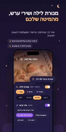 מנורת לילה ושירי ערש, מהמיטה שלכם. אור רך, מוזיקה, טיימר: המצלמה דואגת להכול.