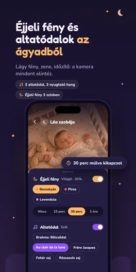 Éjjeli fény és altatódalok az ágyadból. Lágy fény, zene, időzítő: a kamera mindent elintéz.