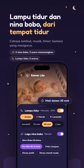 Lampu tidur dan nina bobo, dari tempat tidur. Cahaya lembut, musik, timer: kamera yang mengurus.