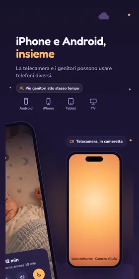 iPhone e Android, insieme. La telecamera e i genitori possono usare telefoni diversi.