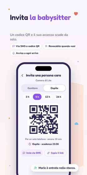 Invita la babysitter. Un codice QR e il suo accesso scade da solo.