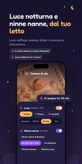 Luce notturna e ninne nanne, dal tuo letto. Luce soffusa, musica, timer: ci pensa la telecamera.