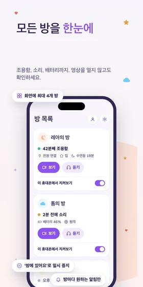 모든 방을 한눈에. 조용함, 소리, 배터리까지. 영상을 열지 않고도 확인하세요.