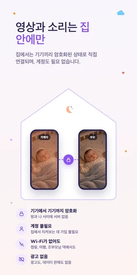영상과 소리는 집 안에만. 집에서는 기기끼리 암호화된 상태로 직접 연결되며, 계정도 필요 없습니다.