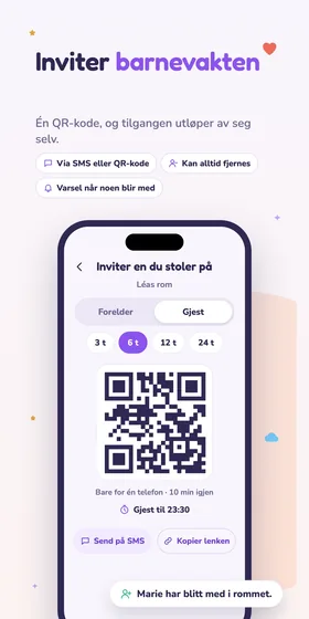 Inviter barnevakten. Én QR-kode, og tilgangen utløper av seg selv.