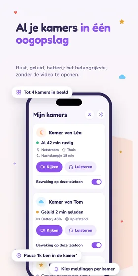 Al je kamers in één oogopslag. Rust, geluid, batterij: het belangrijkste, zonder de video te openen.