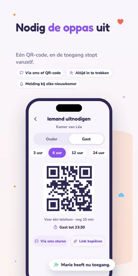 Nodig de oppas uit. Eén QR-code, en de toegang stopt vanzelf.