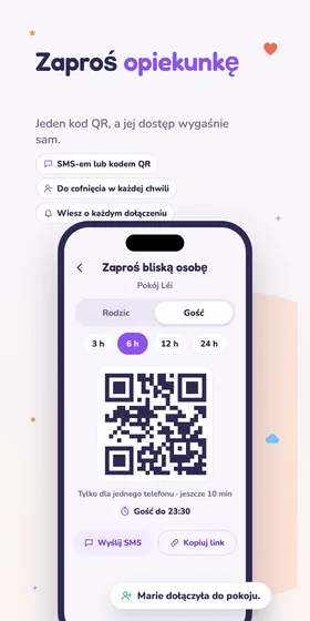 Zaproś opiekunkę. Jeden kod QR, a jej dostęp wygaśnie sam.