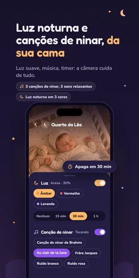 Luz noturna e canções de ninar, da sua cama. Luz suave, música, timer: a câmera cuida de tudo.