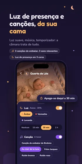 Luz de presença e canções, da sua cama. Luz suave, música, temporizador: a câmara trata de tudo.