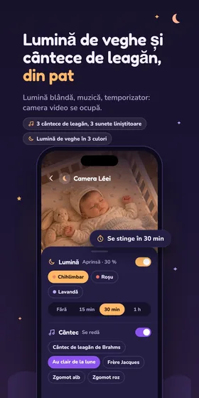 Lumină de veghe și cântece de leagăn, din pat. Lumină blândă, muzică, temporizator: camera video se ocupă.