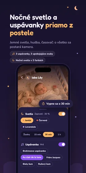 Nočné svetlo a uspávanky priamo z postele. Jemné svetlo, hudba, časovač: o všetko sa postará kamera.