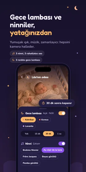 Gece lambası ve ninniler, yatağınızdan. Yumuşak ışık, müzik, zamanlayıcı: hepsini kamera halleder.