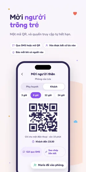 Mời người trông trẻ. Một mã QR, và quyền truy cập tự hết hạn.