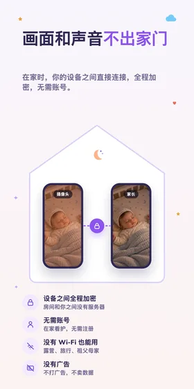画面和声音不出家门。在家时，你的设备之间直接连接，全程加密，无需账号。