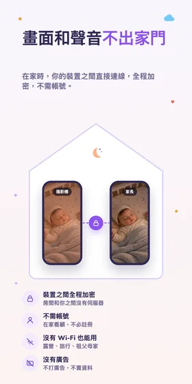 畫面和聲音不出家門。在家時，你的裝置之間直接連線，全程加密，不需帳號。